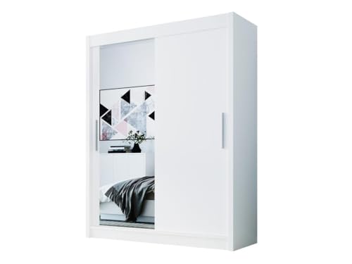 Easy4You D1 120 cm Weiß Schiebetüren Kleiderschrank 120x200x58 cm mit Spiegel - Schlafzimmermöbel, Aufbewahrung - Mehrzweckschrank