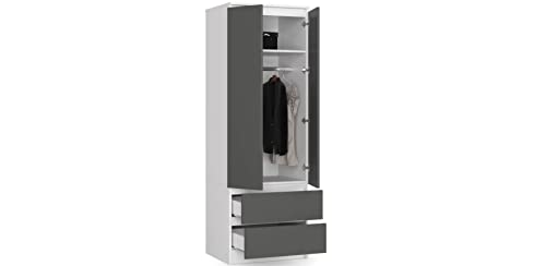 BDW Kleiderschrank, 2-türiger Kleiderschrank, 2 Schubladen, Kleiderschrank für das Schlafzimmer, Wohnzimmer, Flur, 180x60x51cm (Weiß/Grau)