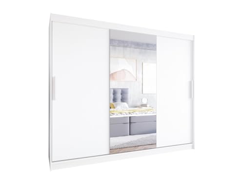 Easy4You L1 250 cm Weiß Schiebetüren Kleiderschrank 250x215x58 cm mit Spiegel - Schlafzimmermöbel, Aufbewahrung - Mehrzweckschrank