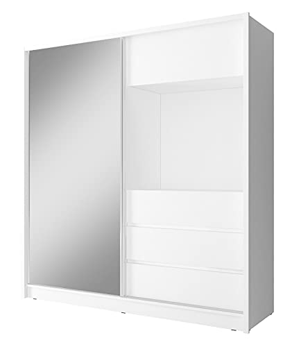 MOEBLO Kleiderschrank Schwebetürenschrank mit Spiegel 1-türig mit Spiegel Schrank mit Einlegeböden und Kleiderstange, Tv-Fach BxHxT 204x214x62 Cinema Spiegel 200 Weiß
