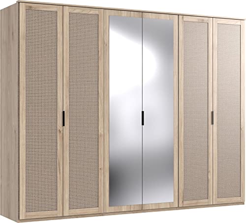 Wimex Kleiderschrank mit 6 Türen, Rattan und Eiche, deutsche Qualität, 270 cm, Spiegel, Mitte des Jahrhunderts