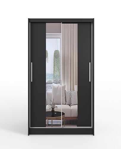 Easy4You C2 Schwarz Schiebetüren Kleiderschrank 150x200x58 cm mit Spiegel - Schlafzimmermöbel, Aufbewahrung - Mehrzweckschrank - Farbe: Schwarz