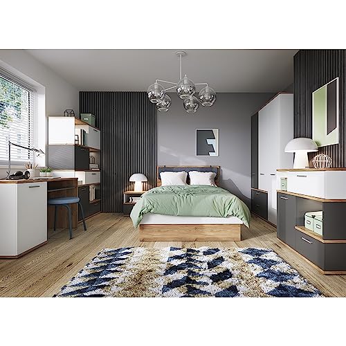 Lomadox Jugendzimmer Komplett Set mit Bett 120x200 cm, Kopfteilpolster dunkelgrau, Schreibtisch, 3-TRG. Kleiderschrank in Eiche Nb. mit weiß und grau