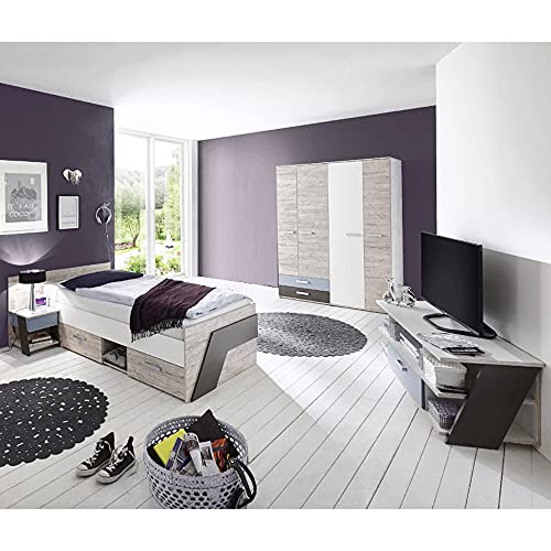 Jugendzimmer Kinderzimmer Set, Sandeiche mit weiß, Lava blau, 90x200 Bett, Kleiderschrank, Nachttisch, TV Lowboard