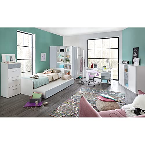 Lomadox 8-teiliges Jugendzimmer komplett Set mit Eckkleiderschrank, begehbar und beleuchtet und Highboard in weiß mit Light Grey
