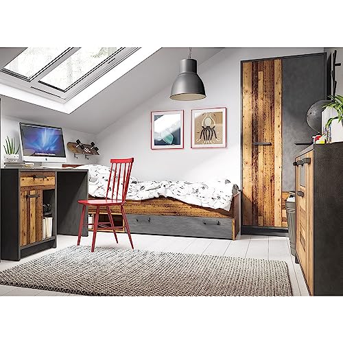 Lomadox Jugendzimmer Komplett-Set mit Bett 90x200, Schreibtisch, Kleiderschrank, Sideboard, Kinderzimmer Möbel in grau mit Holz