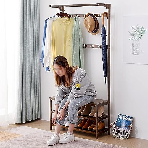 Kleiderständer, offener Kleiderschrank aus Bambus für Schlafzimmer, robust und langlebig, 2 Ablageböden und Bank, Vintage-Braun, 90 x 31 x 170 cm