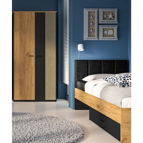 Lomadox Jugendzimmer Set 2-teilig mit Bett 90x200cm, Kleiderschrank in Eiche schwarz Sandfarben modern