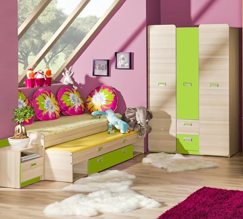 Jugendzimmer Lorento 4 teilig Komplett Set in Esche und Limonengrün mit großem und kleinen Kleiderschrank, Funktionsbett und Nachttisch