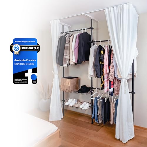QUARTUS DESIGN Garderoben System - Premium - Vorhang Edition [FLEXIBEL & STABIL] - Offener Kleiderschrank, Teleskopregal, Einfache Montage - Ideal für Schlafzimmer, Flur, Badezimmer