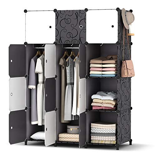 HOMIDEC Kleiderschrank, Tragbarer Regalsystem,12 Würfel Schrank aus Kunststoff mit 3 Kleiderstange, Schlafzimmerschrank kleiderschrank Weiss für Schlafzimmer