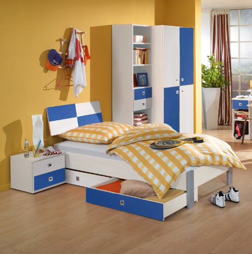 6-tlg Jugendzimmer weiß - marineblau Jugendbett Kleiderschrank Nachttisch