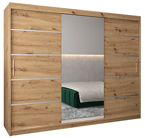 MEBLE KRYSPOL Verona 2 250 Schlafzimmerschrank mit DREI Schiebetüren, Spiegel, Kleiderstange und Regalen – 250x200x62cm - Artisan