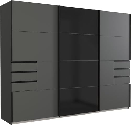Wohnorama Schwebetürenschrank 270 cm breit mit Schubladen Barcelona Grau/Glas Schwarz