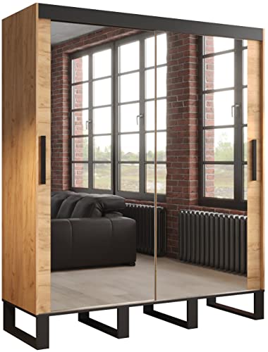 MEBLE KRYSPOL Schwebetürenschrank LOFT T3 Kleiderschrank mit Metallbeinen und Einlegeboden Schlafzimmer- Wohnzimmerschrank Schiebetüren im Industrie-Stil (180)