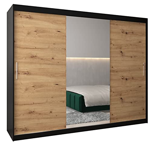 MEBLE KRYSPOL Tokyo 1 250 Schlafzimmerschrank mit drei Schiebetüren, Spiegel, Kleiderstange und Regalen – 250x200x62cm - Mattschwarz + Artisan