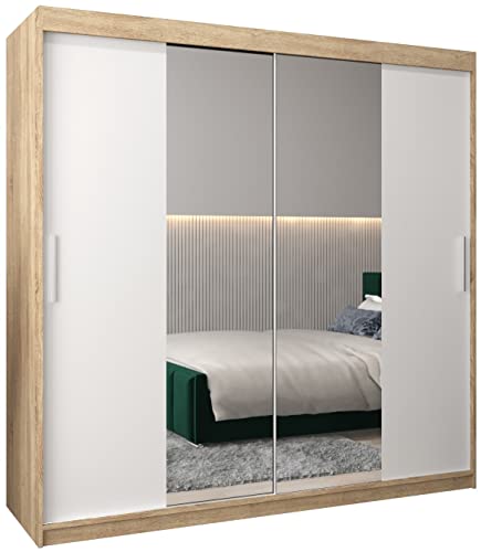 MEBLE KRYSPOL Tokyo 1 200 Schlafzimmerschrank mit Zwei Schiebetüren, Spiegel, Kleiderstange und Regalen – 200x200x62cm - Sonoma + Mattweiß