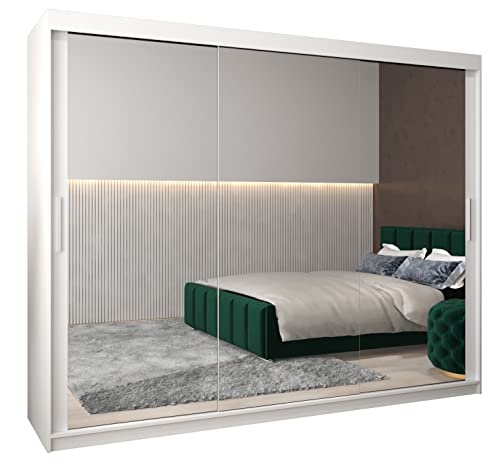 MEBLE KRYSPOL Tokyo 3 250 Schlafzimmerschrank mit DREI Schiebetüren, Spiegel, Kleiderstange und Regalen – 250x200x62cm - Mattweiß
