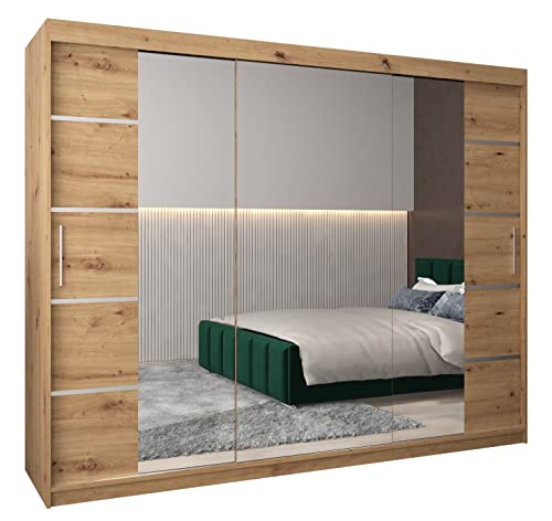MEBLE KRYSPOL Verona 4 250 Schlafzimmerschrank mit DREI Schiebetüren, Spiegel, Kleiderstange und Regalen – 250x200x62cm - Artisan