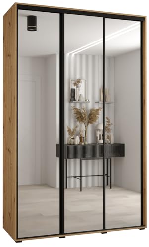 MEBLE KRYSPOL Davos 2 160 Schrank mit DREI Schiebetüren für Schlafzimmer - Moderner Kleiderschrank mit Spiegel, Kleiderstange und Regalen - 235,2x160x60 cm - Artisan Artisan Schwarz