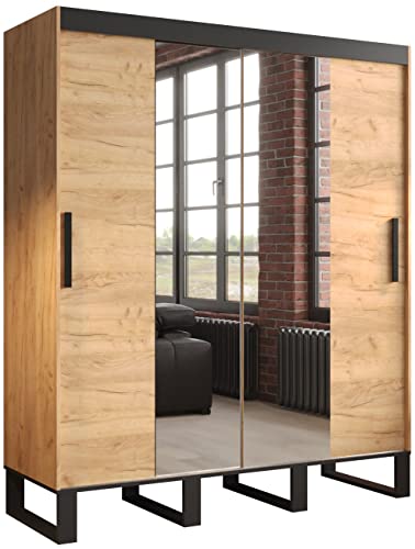 MEBLE KRYSPOL Schwebetürenschrank LOFT T1 Kleiderschrank mit Metallbeinen und Einlegeboden Schlafzimmer- Wohnzimmerschrank Schiebetüren im Industrie-Stil (180)