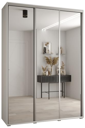 MEBLE KRYSPOL Davos 2 170 Schrank mit DREI Schiebetüren für Schlafzimmer - Moderner Kleiderschrank mit Spiegel, Kleiderstange und Regalen - 235,2x170x45 cm - Weiß Weiß Silber