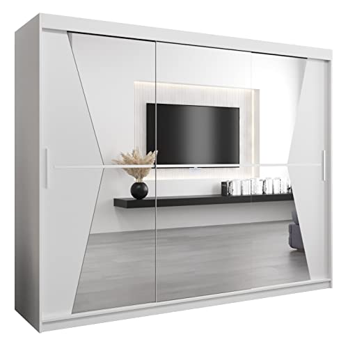 MEBLE KRYSPOL Maroko 250 Schlafzimmerschrank mit DREI Schiebetüren, Spiegel, Kleiderstange und Regalen – 250x200x62cm - Mattweiß