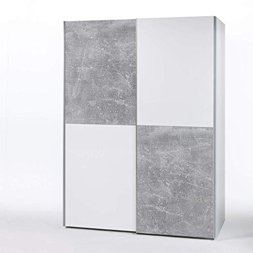 PULS Eleganter Kleiderschrank mit viel Stauraum - Vielseitiger Schwebetürenschrank in Weiß, Schachbrett Beton - 170 x 195 x 58 cm (B/H/T)