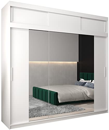 MEBLE KRYSPOL Tokyo 2 250 Schlafzimmerschrank mit DREI Schiebetüren, Spiegel, Kleiderstange und Regalen – 250x240x62cm - Mattweiß mit Verlängerung