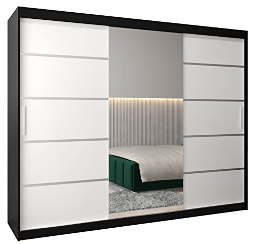 MEBLE KRYSPOL Verona 2 250 Schlafzimmerschrank mit DREI Schiebetüren, Spiegel, Kleiderstange und Regalen – 250x200x62cm - Mattschwarz + Mattweiß