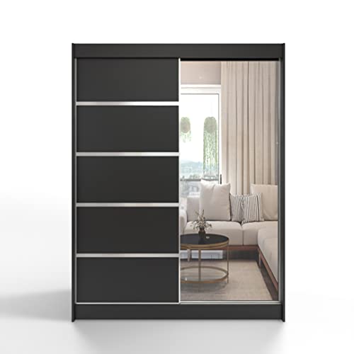 ML Furniture Schiebeschrank 150 cm mit Spiegel, Kleiderschrank Schlafzimmer, Mehrzweckschrank Wohnzimmer- 150 x 200 x 58 cm; Farbe: Schwarz, Schwebetürenschrank