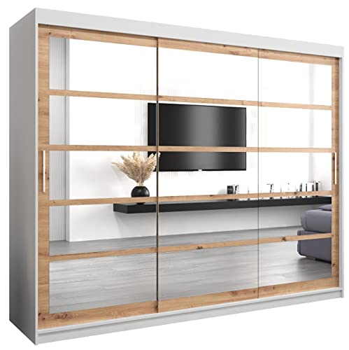 Kryspol Schwebetürenschrank Roma 2 250 cm mit Spiegel Kleiderschrank mit Kleiderstange und Einlegeboden Schlafzimmer- Wohnzimmerschrank Schiebetüren (Weiß + Artisan Eiche)