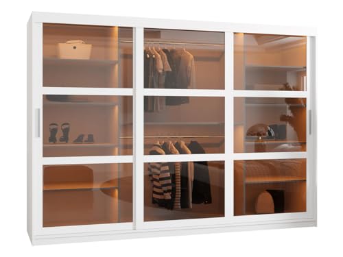 Mirjan24 Kleiderschrank Destio mit glastüren, Schwebetürenschrank mit Rauchglas, Schiebetürenschrank mit einlegeböden und Stange, Garderobe (Modell 250, mit Schubladen, Weiß)
