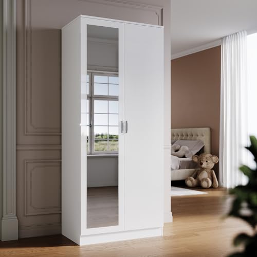 SONNI Kleiderschrank mit Spiegeltür Weiß, Vielseitiger Drehtürenschrank 2-türig für Ihr Schlafzimmer, 76cm(B) x47cm(T) x180cm(H).