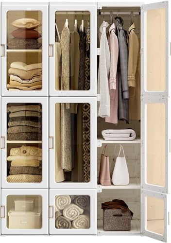 Dripex Kleiderschrank, Schrank 104 x 170 x 50 cm (B x H x T), einfache Montage, Faltbarer Mehrzweckschrank mit Stange, magnetische Türen, für Wohnzimmer Schlafzimmer Weiß