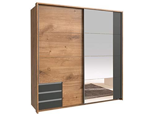 lifestyle4living Schwebetürenschrank in Eiche-Dekor und grau mit Spiegel-Tür, 180 cm | Hochwertiger Kleiderschrank mit 2 Schwebetüren, 4 Einlegeböden & 1 Kleiderstange