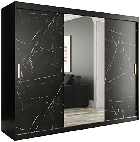 KRYSPOL Schiebetürenschrank Marmur T1 250 cm Kleiderschrank mit Spiegel Einlegeboden Schlafzimmer- Wohnzimmerschrank Schiebetüren Modern Design (schwarz matt + schwarzer Marmor, Schubladen: 0)