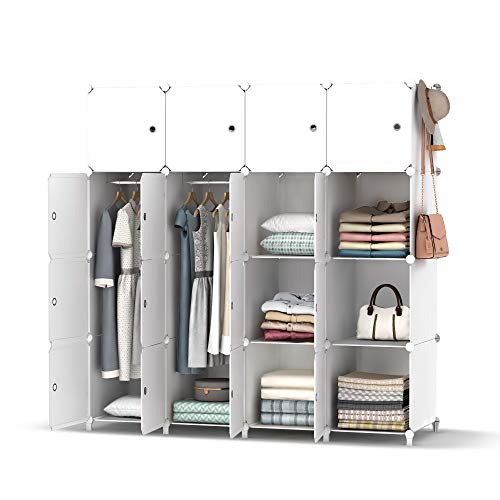 HOMIDEC Kleiderschrank, Tragbarer Regalsystem, 16 Würfel Schrank aus Kunststoff mit 3 Kleiderstange, Schlafzimmerschrank kleiderschrank Weiss für Schlafzimmer