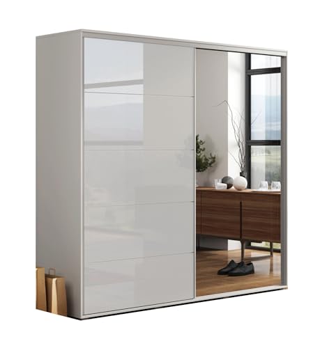 B&M Furniture Großer Kleiderschrank mit Schiebetür aus Glas/Lacobel und Spiegel - mit Einlegeböden und Kleiderstange - für Garderobe, Schlafzimmer - 2-türig - Freistehend - Weiß - 200 cm B, 245 cm H