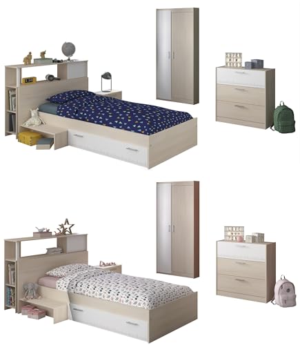  4 teilig grau/weiß akazie inkl Kommode + Kinderbett Bettkasten + Nachtkommode + Kleiderschrank Jugendzimmer