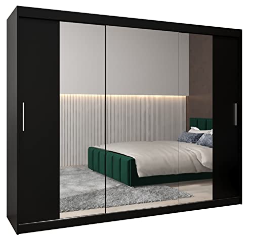 MEBLE KRYSPOL Tokyo 2 250 Schlafzimmerschrank mit DREI Schiebetüren, Spiegel, Kleiderstange und Regalen – 250x200x62cm - Mattschwarz