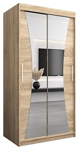 Kryspol Schwebetürenschrank Monaco 100 cm mit Spiegel Kleiderschrank mit Kleiderstange und Einlegeboden Schlafzimmer- Wohnzimmerschrank Schiebetüren Modern Design (Sonoma)