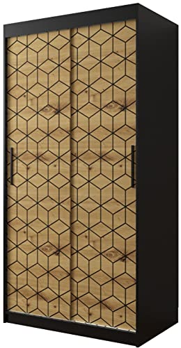 KRYSPOL Schiebetürenschrank Plaster 1 100 cm Kleiderschrank mit Kleiderstange Einlegeboden Schlafzimmer- Wohnzimmerschrank Modern Design (Schwarz Matt + Artisan Eiche, Schubladen: 0)