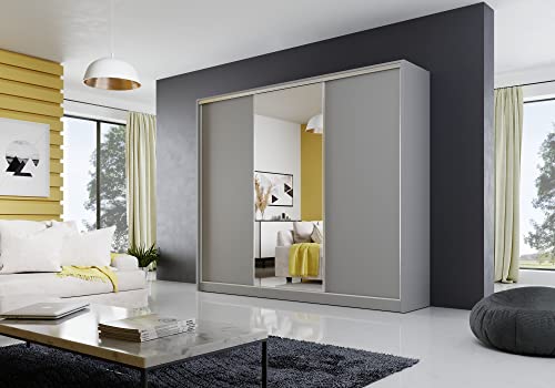 Kleiderschrank mit Spiegel 250 x 205 x 60 cm, Schwebetürenschrank Schrank Garderobe Schlafzimmer- Wohnzimmerschrank; 4 Schubladen & 2 Kleiderstangen: Farbe: Grau Matt Mehrzweckschrank