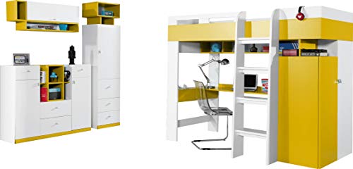 FurnitureByJDM Hochbett/Etagenbett, Zusammensetzung MOBI System 20  mit Schreibtisch und Kleiderschrank. Kinder Möbel-Set. (Weiß/Gelb)