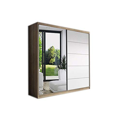 MOEBLO Kleiderschrank Schwebetürenschrank mit Spiegel 2-türig Schrank mit Einlegeböden und Kleiderstange Gaderobe Schiebtüren BxHxT 160x195x61 Eva BIS05 (Sonoma + Weiß)