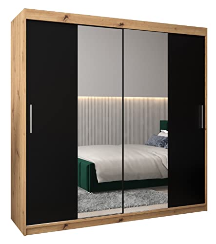 MEBLE KRYSPOL Tokyo 1 200 Schlafzimmerschrank mit Zwei Schiebetüren, Spiegel, Kleiderstange und Regalen – 200x200x62cm - Artisan + Mattschwarz