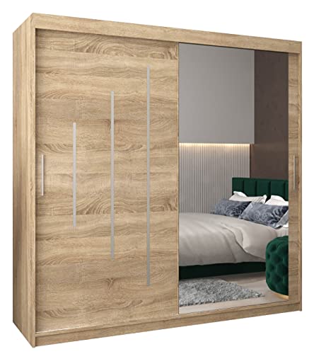 Kryspol Schwebetürenschrank York 2-200 cm mit Spiegel Kleiderschrank mit Kleiderstange und Einlegeboden Schlafzimmer- Wohnzimmerschrank Schiebetüren Modern Design (Sonoma)