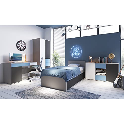 Lomadox Jugendzimmer Set mit Bett, Bettkasten, Kleiderschrank, Schreibtisch, Sideboard in grau mit schwarz, weiß, blau