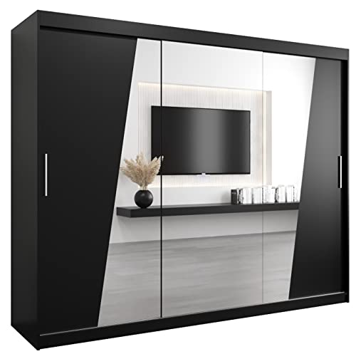 MEBLE KRYSPOL Rhomb250 Schlafzimmerschrank mit DREI Schiebetüren, Spiegel, Kleiderstange und Regalen – 250x200x62cm - Mattschwarz